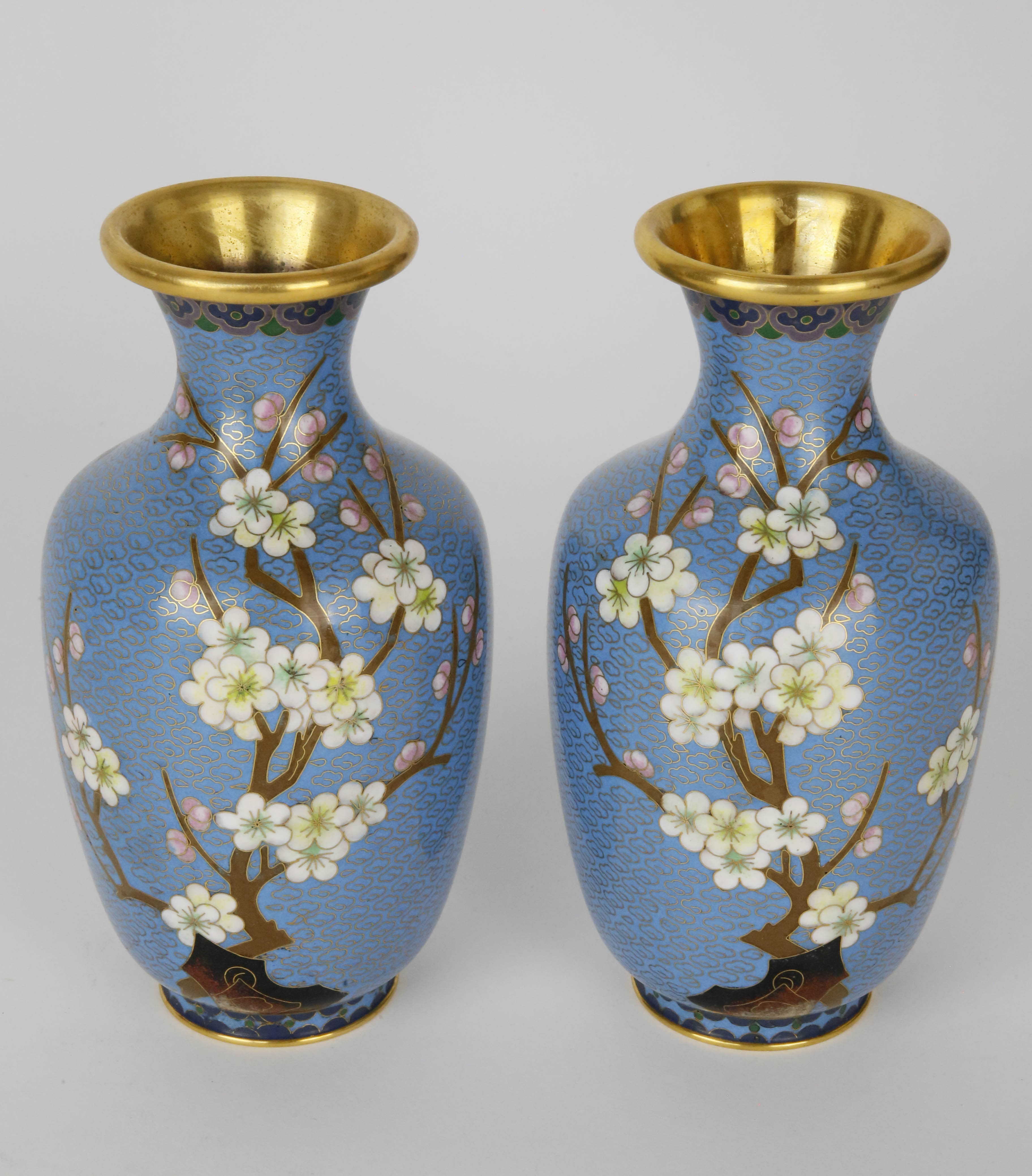 Pair of Cloisonne Vases Decorated with Cherry Blossoms and Birds - Pair ...