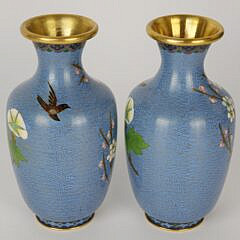 Pair of Cloisonne Vases Decorated with Cherry Blossoms and Birds