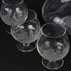 Set of Six Clipper Ship Etched Glass Brandy Glasses and Decanter