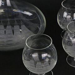 Set of Six Clipper Ship Etched Glass Brandy Glasses and Decanter