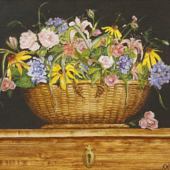 Kathryn White Cerasulo Oil “Nantucket Basket Floral Bouquet Still Life”