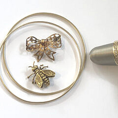 Two Gold Bangles, Bee Pin, Bow Pin and 10k Gold Diamond Ring