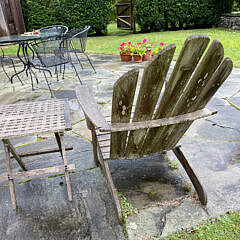 Pair of Outdoor Classics Teak Adirondack Style Chairs and Hatch Top Side Table