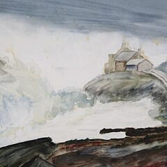 Watercolor on Paper “Rocky Shoreline with House on a Cliff”