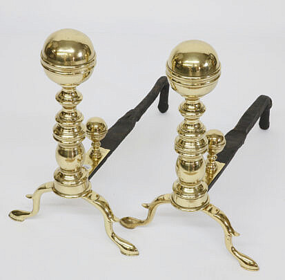 Pair of Boston Ball Top Brass Andirons, circa 1800