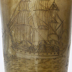 English Scrimshaw Horn Cup with Silver Rim, 19th Century