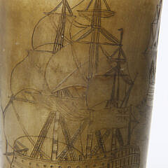 English Scrimshaw Horn Cup with Silver Rim, 19th Century