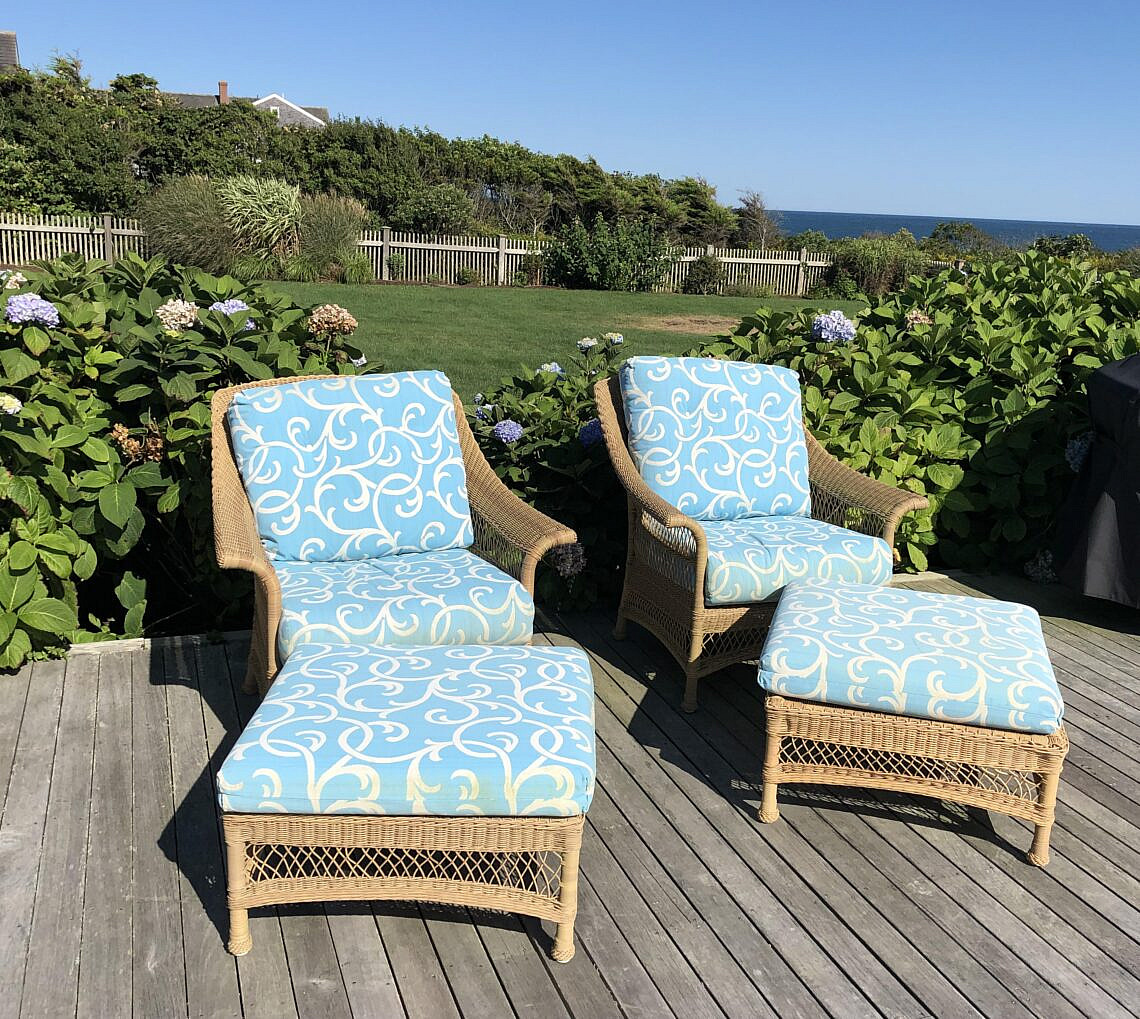 Pr of Brown Jordan Resinweave Armchairs and Ottomans Pair of Brown