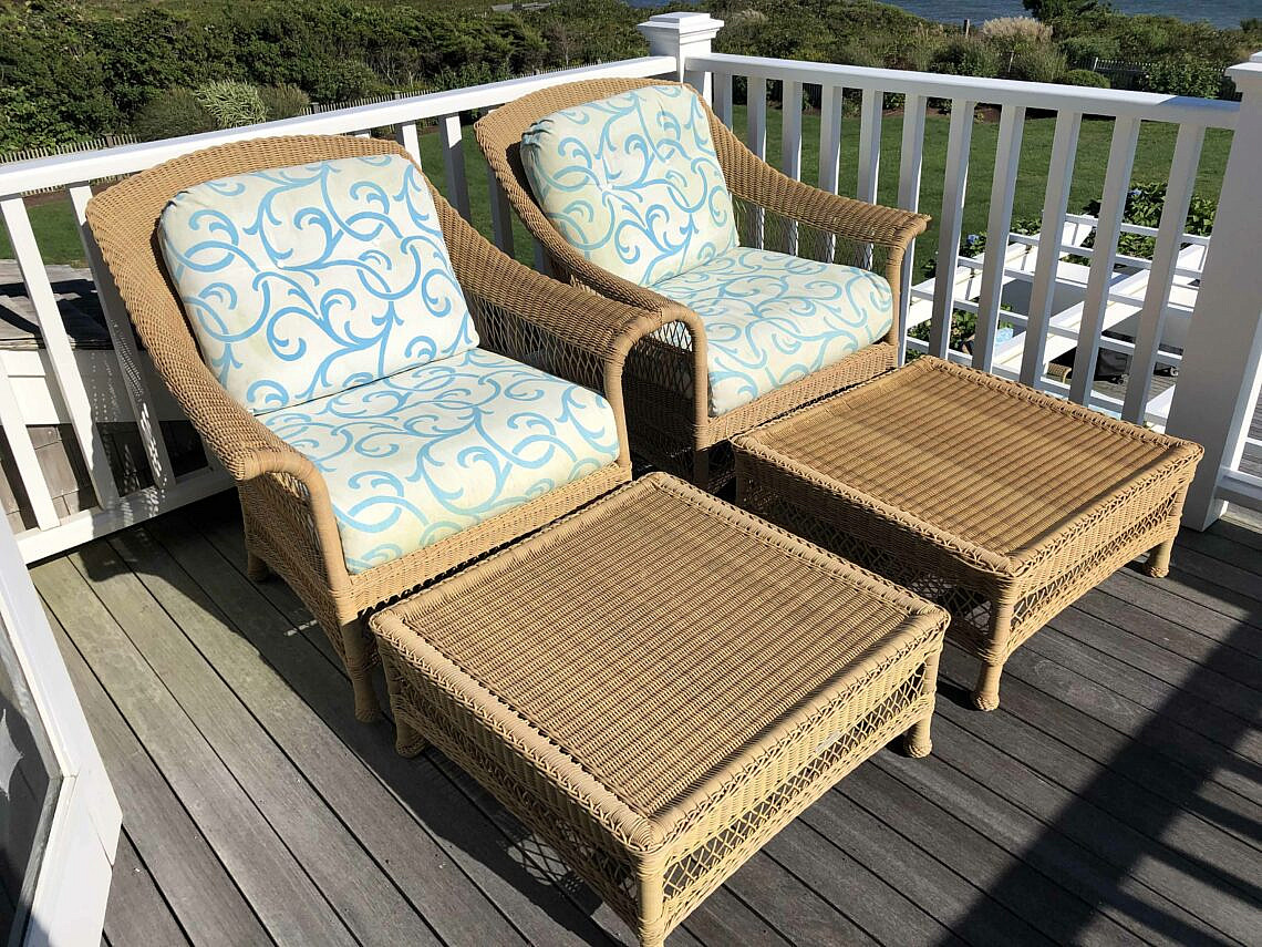 Pair of Brown Jordan Resinweave Armchairs and Ottomans Pair of Brown