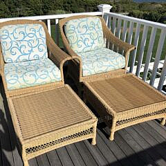 Pair of Brown Jordan Resinweave Wicker Armchairs and Ottomans with Cushions