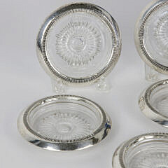 Set of 7 Sterling Silver and Clear Crystal Coasters