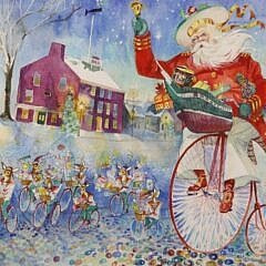 C. Robert Perrin Watercolor on Paper “Santa and His Reindeer on Main Street, Nantucket”