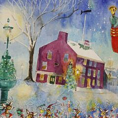 C. Robert Perrin Watercolor on Paper “Santa and His Reindeer on Main Street, Nantucket”