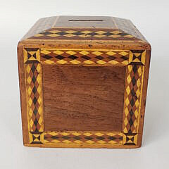 Antique Multi Wood Diamond Cut Inlaid Still Bank