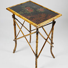 French Bamboo Table with Lacquered Floral Decorated Surface