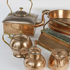 Collection of Copperware: Casseroles, Teapots, Chocolate Pot, Pitcher etc.