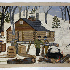 Folk Art Scenic Hand Hooked Rug “New England Maple Sugar Camp”