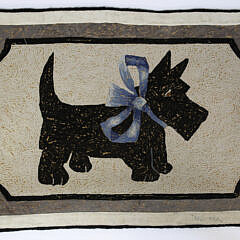 Scottie with Blue Bow Vintage Hand Hooked Rug