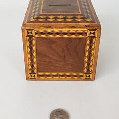 Antique Multi Wood Diamond Cut Inlaid Still Bank