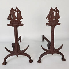 Pair of Vintage Cast Iron Anchor and Clipper Ship Figural Andirons