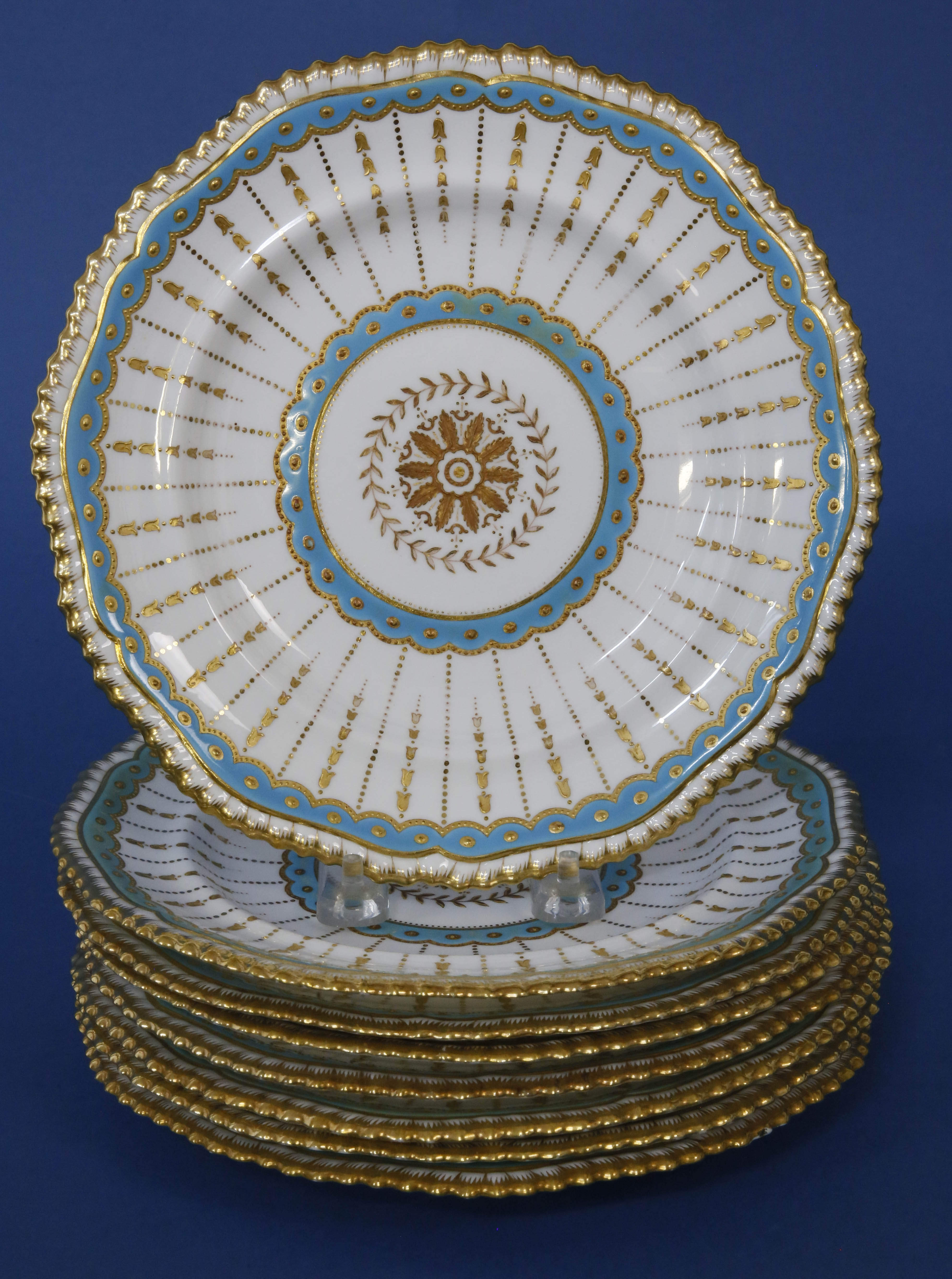 Set of Eight Hand Painted Gilt and Turquoise Copeland China Dessert