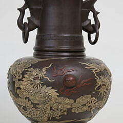 Pair of Yixing Four Color Carved Clay Dragon Vases, 19th Century