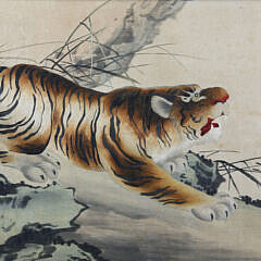 Japanese Meiji Period Embroidered Silk Picture of a Tiger in a Landscape