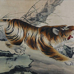 Japanese Meiji Period Embroidered Silk Picture of a Tiger in a Landscape