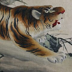 Japanese Meiji Period Embroidered Silk Picture of a Tiger in a Landscape