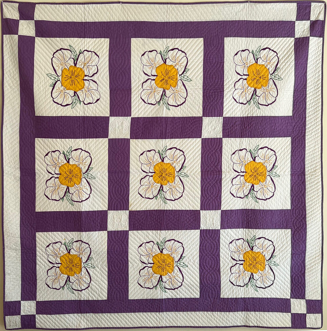 Springtime Pansy Applique and Embroidered Quilt circa 1940s Spring