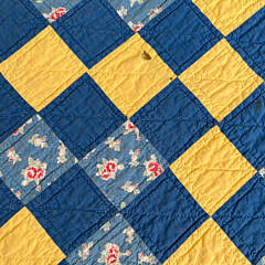 Yellow and Blue “Trip Around the World” Patchwork Quilt, circa 1930s