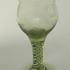 Hand Blown Venetian Vaseline Glass Vase and Etched Fish Goblet