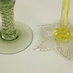 Hand Blown Venetian Vaseline Glass Vase and Etched Fish Goblet