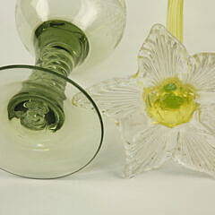 Hand Blown Venetian Vaseline Glass Vase and Etched Fish Goblet