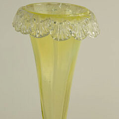 Hand Blown Venetian Vaseline Glass Vase and Etched Fish Goblet