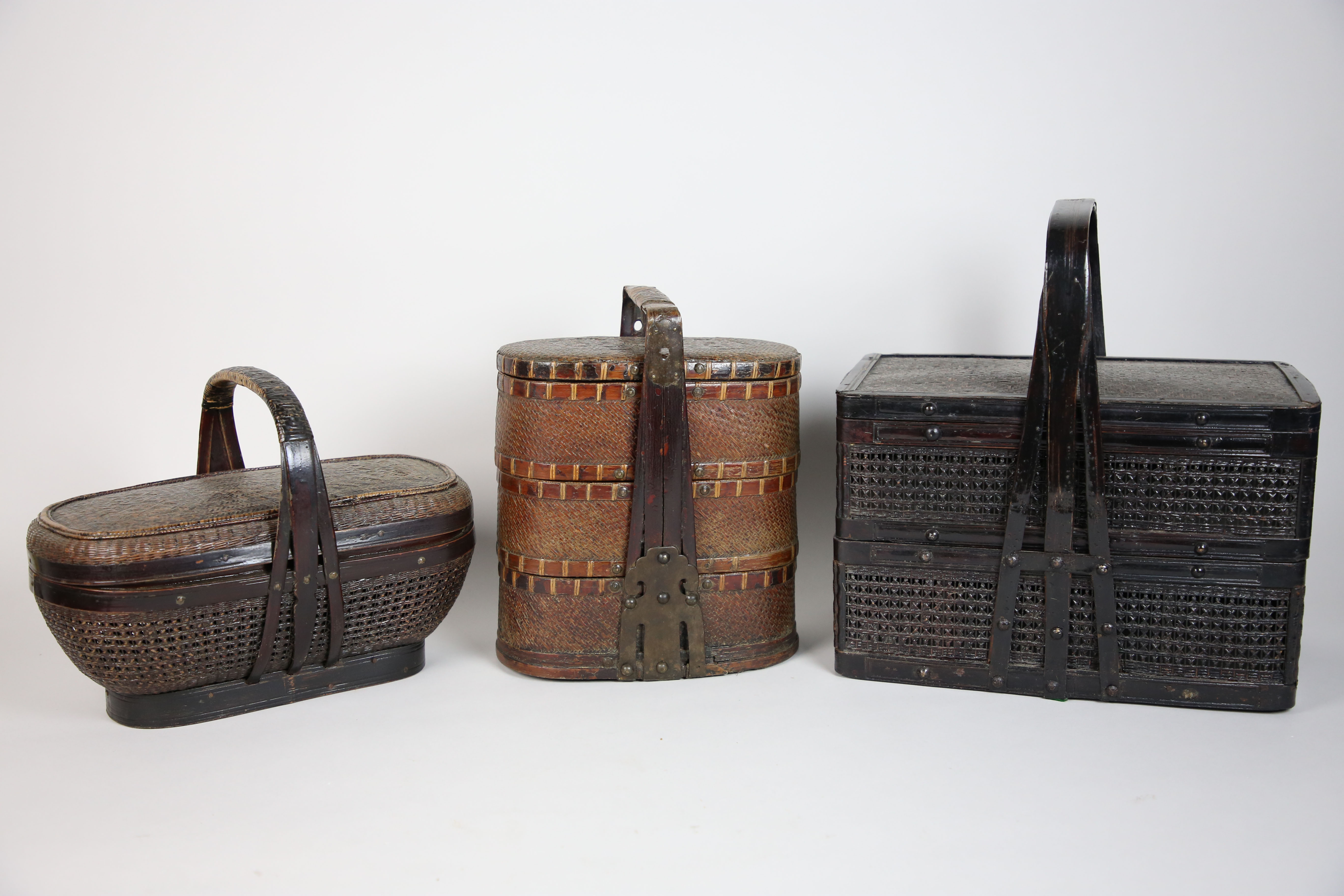 Three Vintage Chinese Woven Food Caddies Three Vintage Chinese Woven