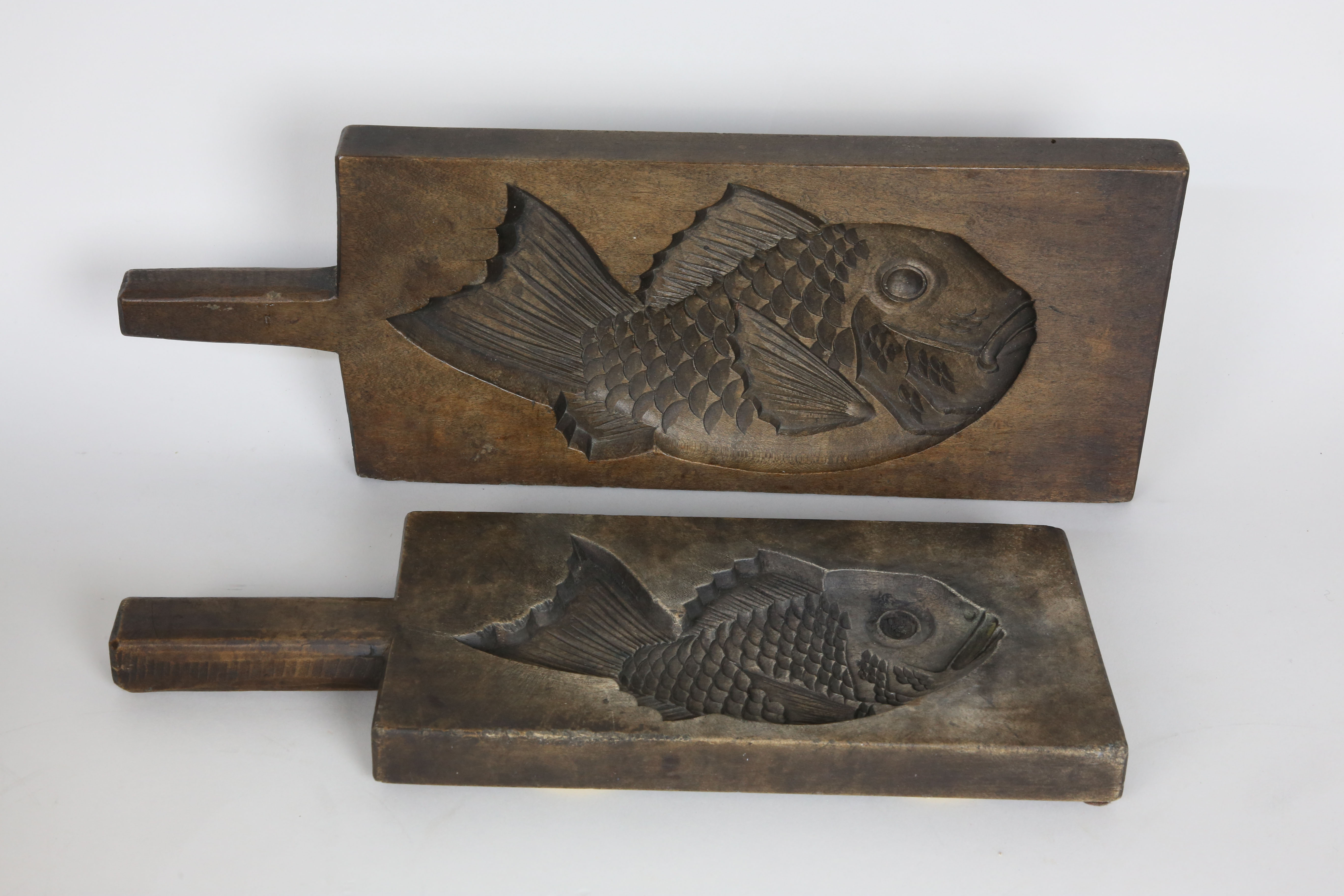 Two Japanese Carved Wood Fish Food Molds Two Japanese Carved Wood