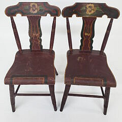 Four Pennsylvania Plank Seat Sponge Decorated Side Chairs, 19th Century