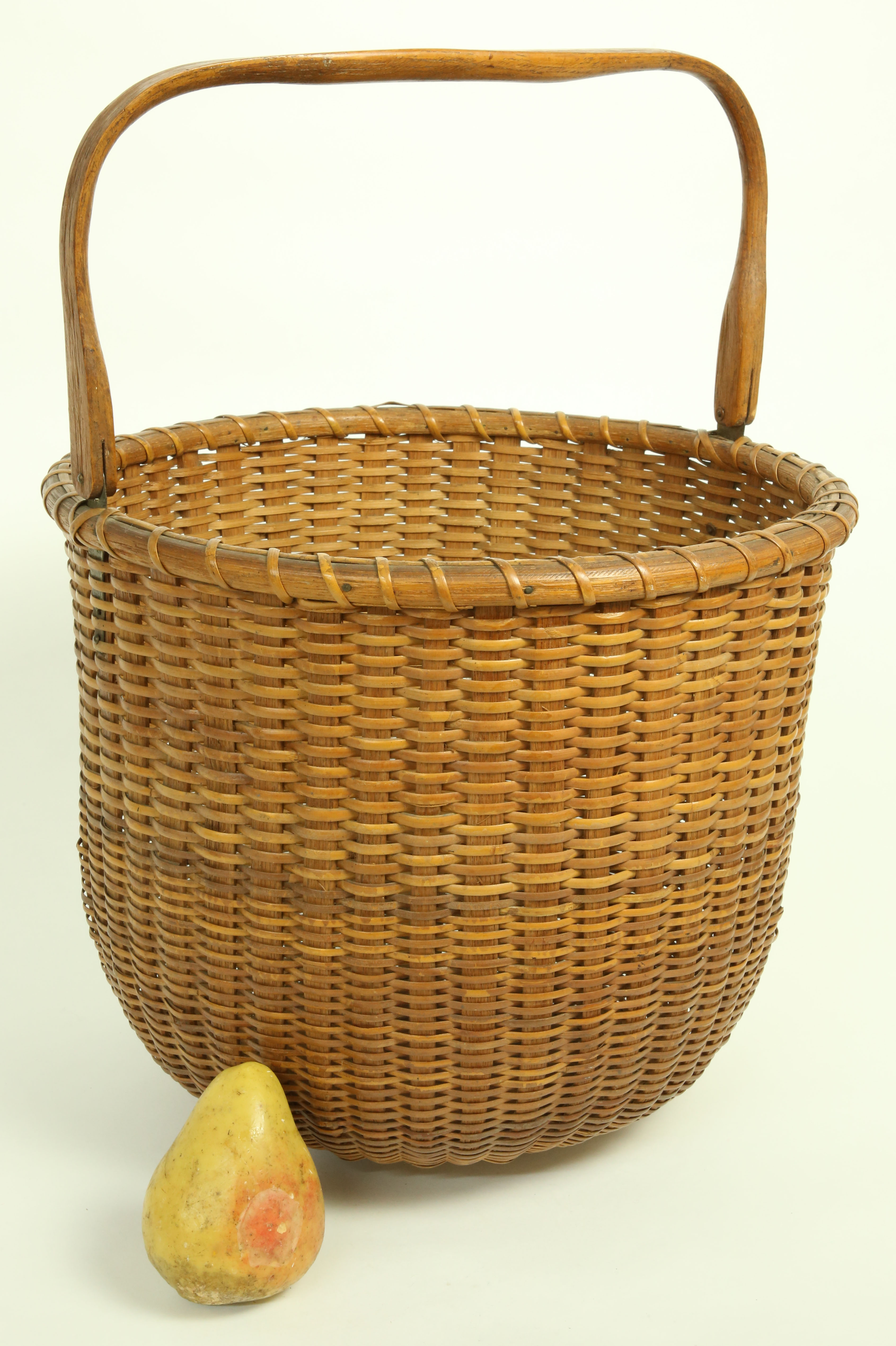 Large Rattan Woven Round Nantucket Basket with Swing Handle Early 20th