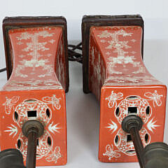 Pair of Antique Chinese Orange and White Porcelain Rectangular Vase Lamps