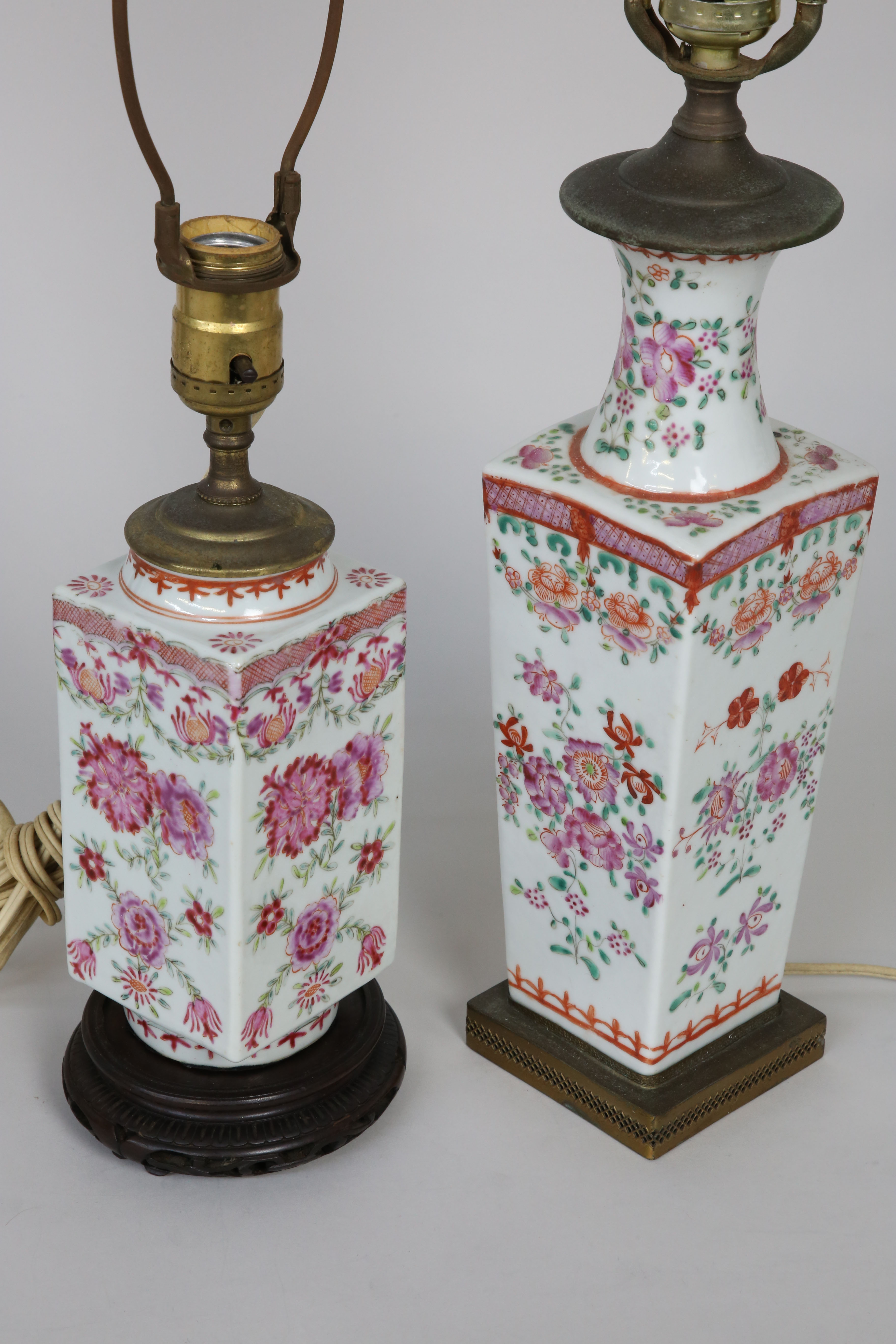 Two Antique Chinese Porcelain Famille Rose Vase Lamps Two Antique