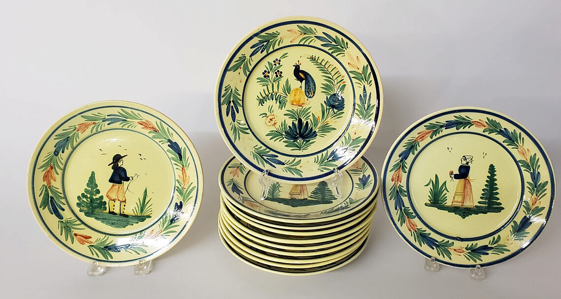 Quimper French Plates Twelve Vintage Signed HB Quimper France Plates