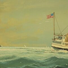 Salvatore Colacicco Oil on Board “Portrait of the Side-Wheeler Nantucket Leaving Brant Point”