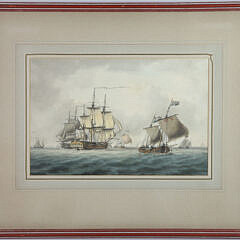 William Anderson Watercolor and Ink on Paper “A British Man-O-War Amid Shipping off the Dutch Coast”