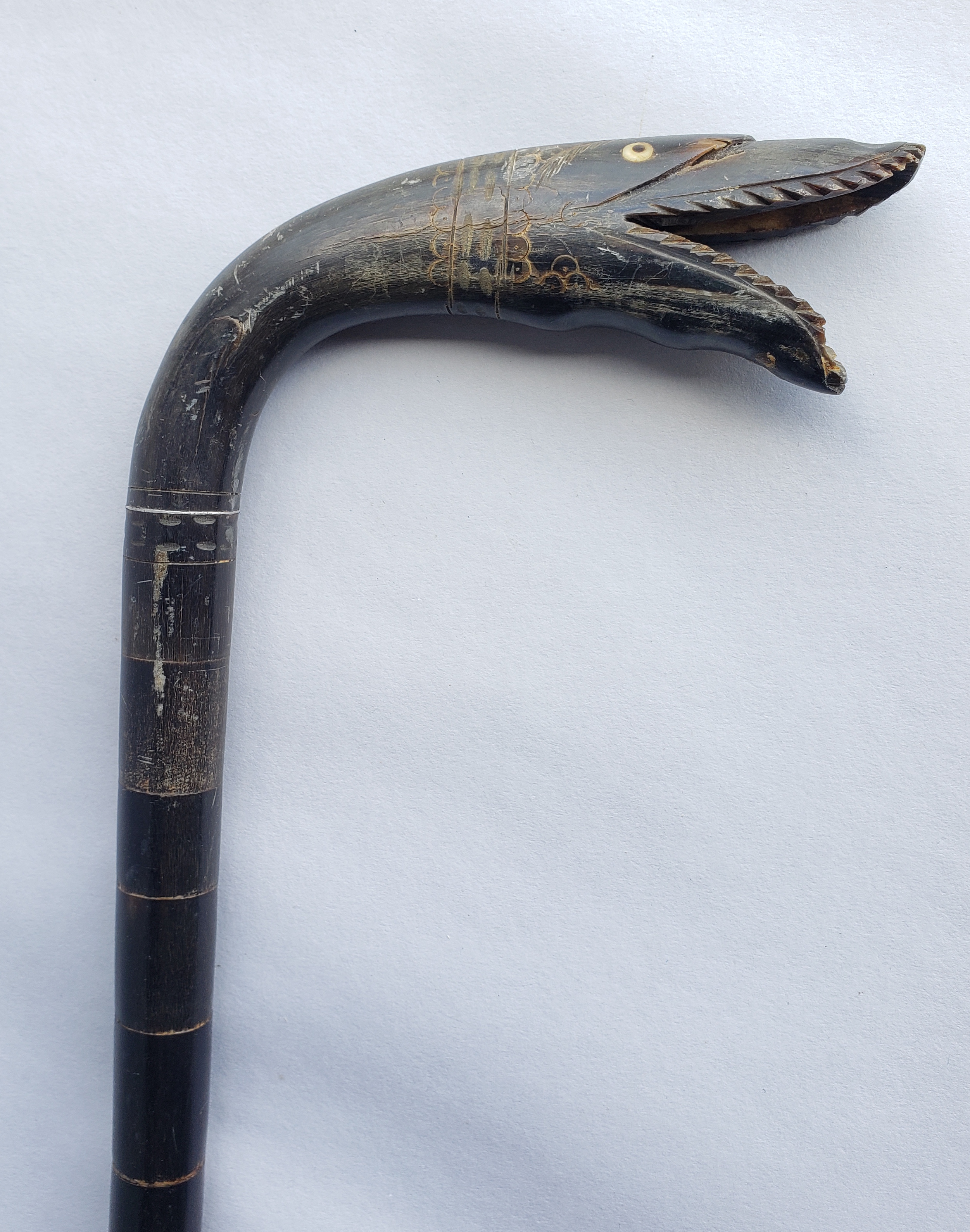 Horn Carved Snake Head Cane - Antique Carved Horn Figural