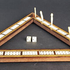 Antique Bone and Multiwood Inlaid Triangular Cribbage Board