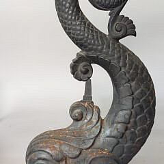 Pair of Antique Cast Iron Figural Fu Dolphin Sea Serpent Andirons