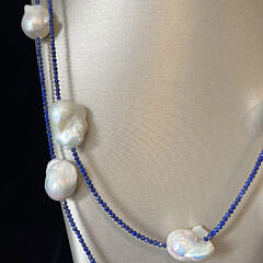 Faceted Lapis Lazuli Bead and White Baroque Pearl Necklace