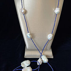 Faceted Lapis Lazuli Bead and White Baroque Pearl Necklace