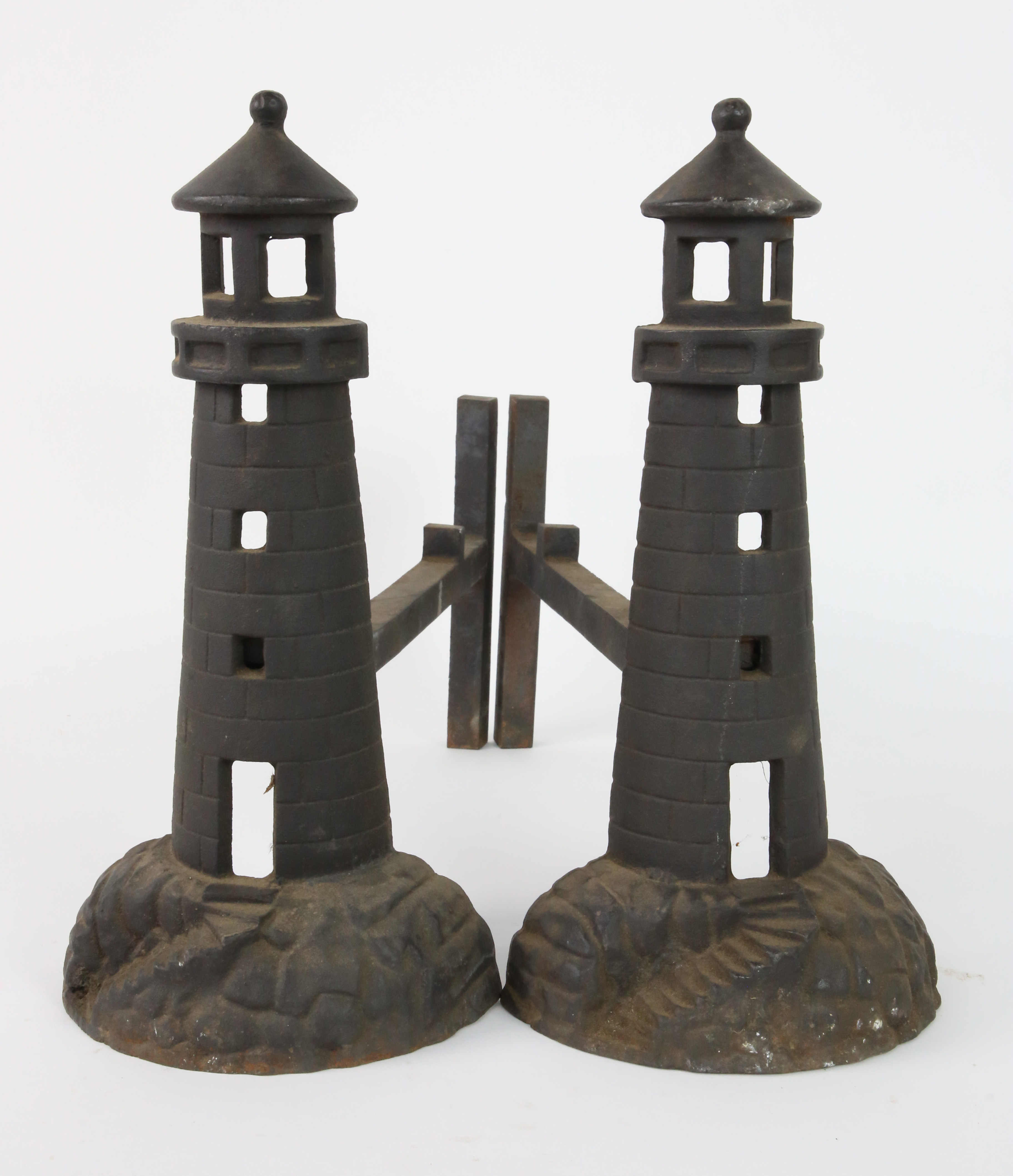 Pair of Cast Iron Lighthouse Andirons 20th Century Pair of Cast Iron